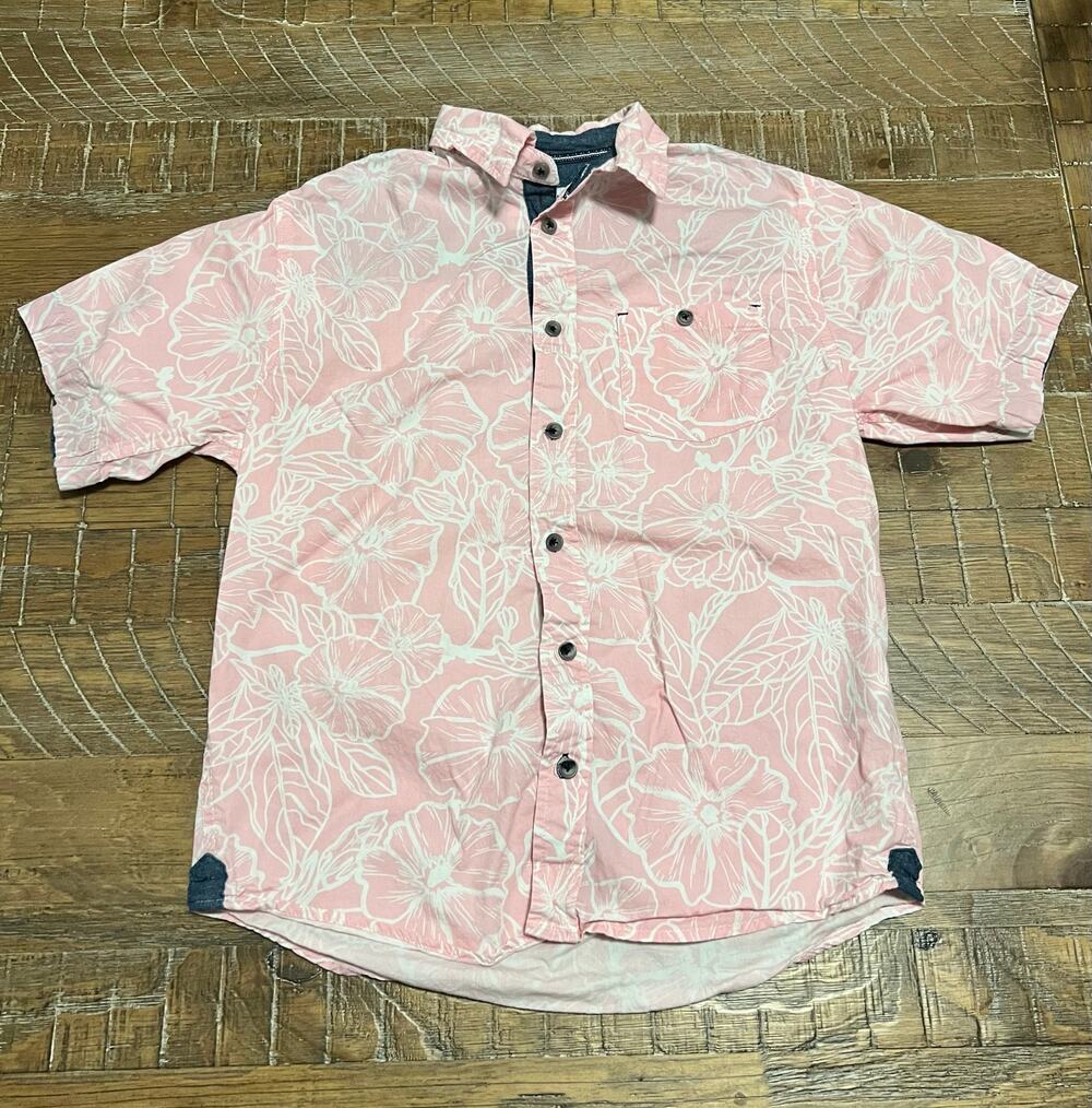 Distortion Boys Button Down Shirt Size Medium 10-12 Pink Tropical Print Dressy